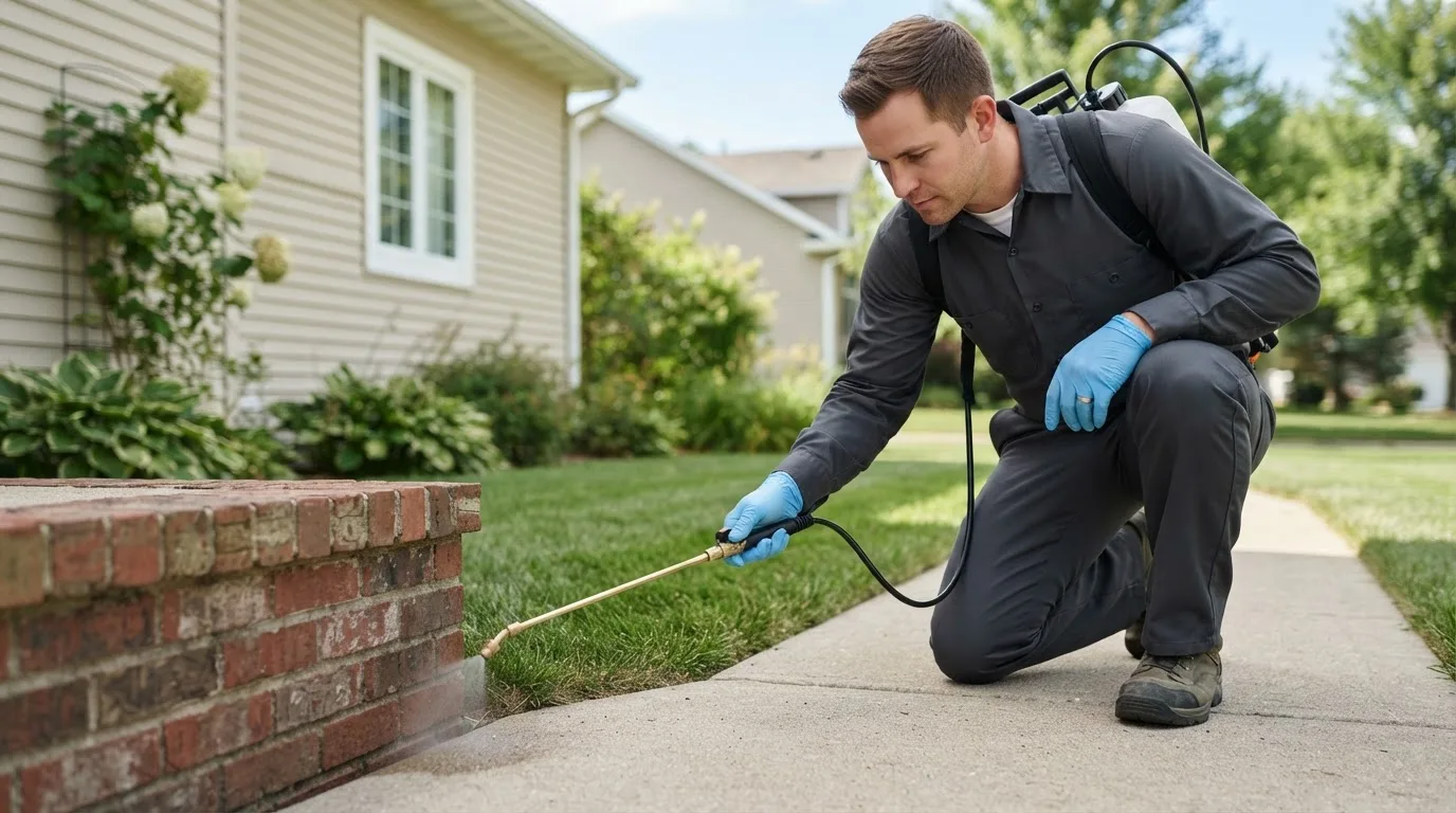 Pest control technician treating a home near Hugo, MN